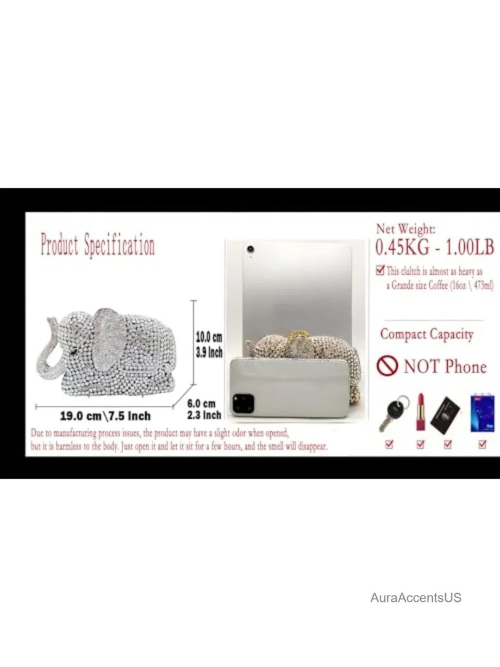 Elephant Rhinestone Clutch Evening Bag Handcrafted Metal Frame Bridal Prom Purse